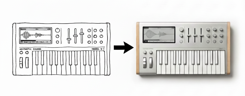 Hand-drawn sketch transformed into polished 3D render